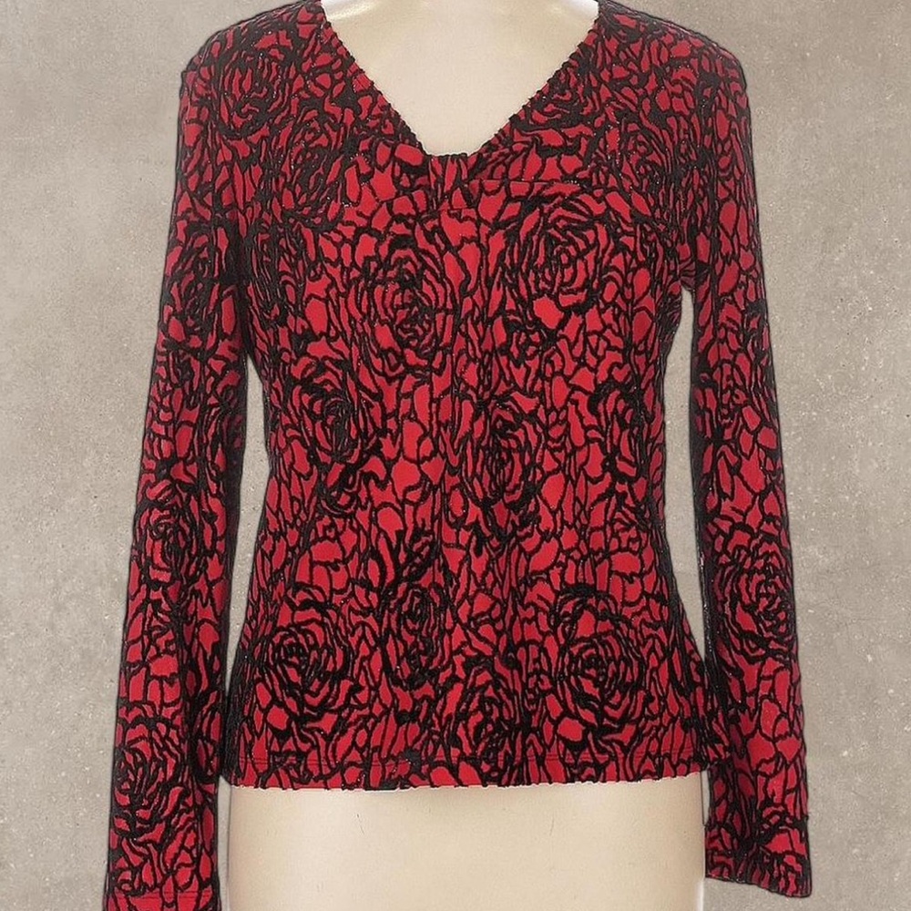 Anne Klein Red and Black Patterned Long Sleeve Top